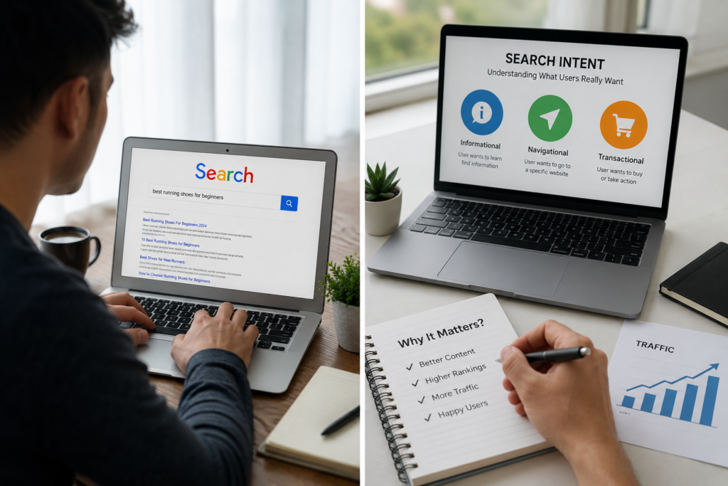 Search Intent and Why Does It Matter? create 2 high quality rwalistic coptyright free images for a bolg post about