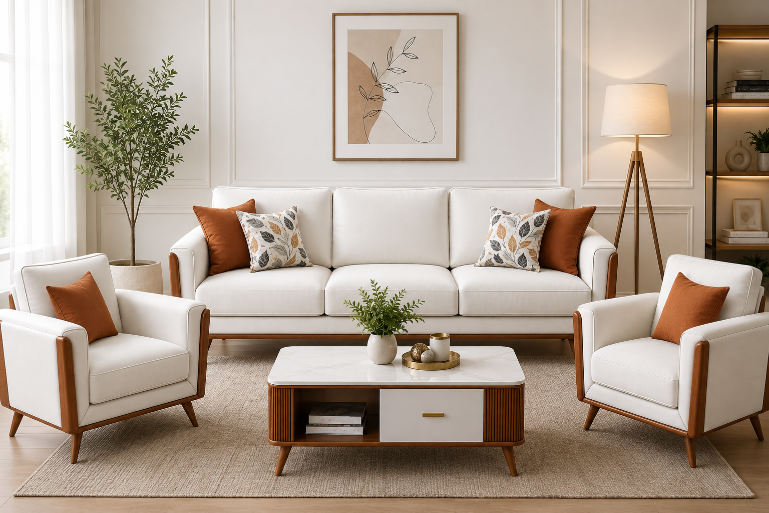 Aesthetic white furniture set in a modern minimalist living room