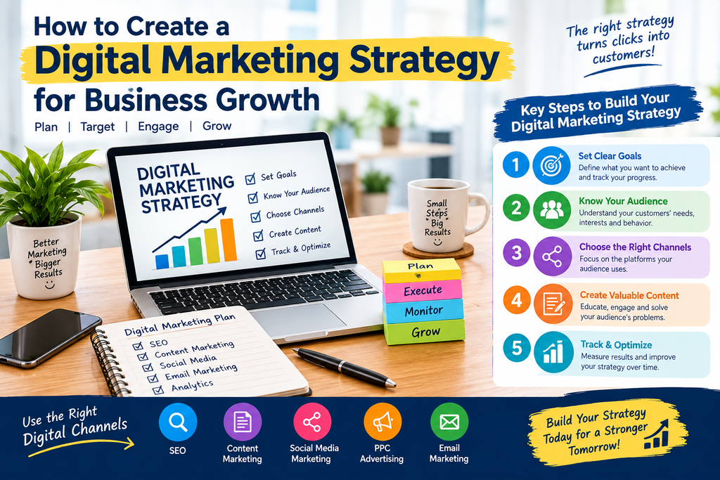Digital marketing strategies for business growth using SEO, content marketing, social media, PPC, email marketing, and analytics.